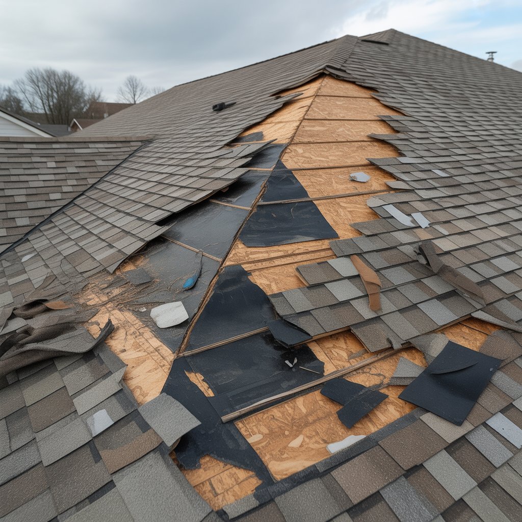 Illustration of a storm damage roof inspection service for a home in Durham NC.